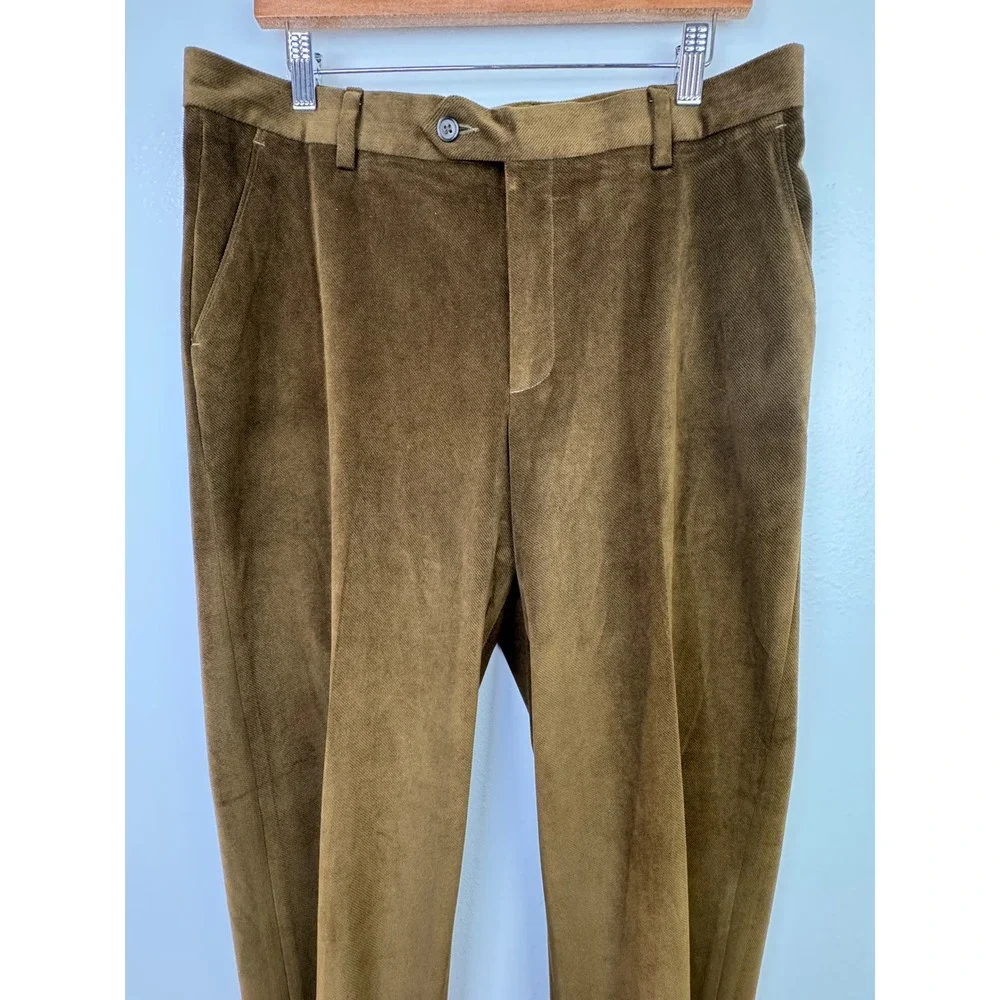 Vintage Barry Bricken Brown Green Soft Faux Corduroy Tailored Trousers 34 x 32